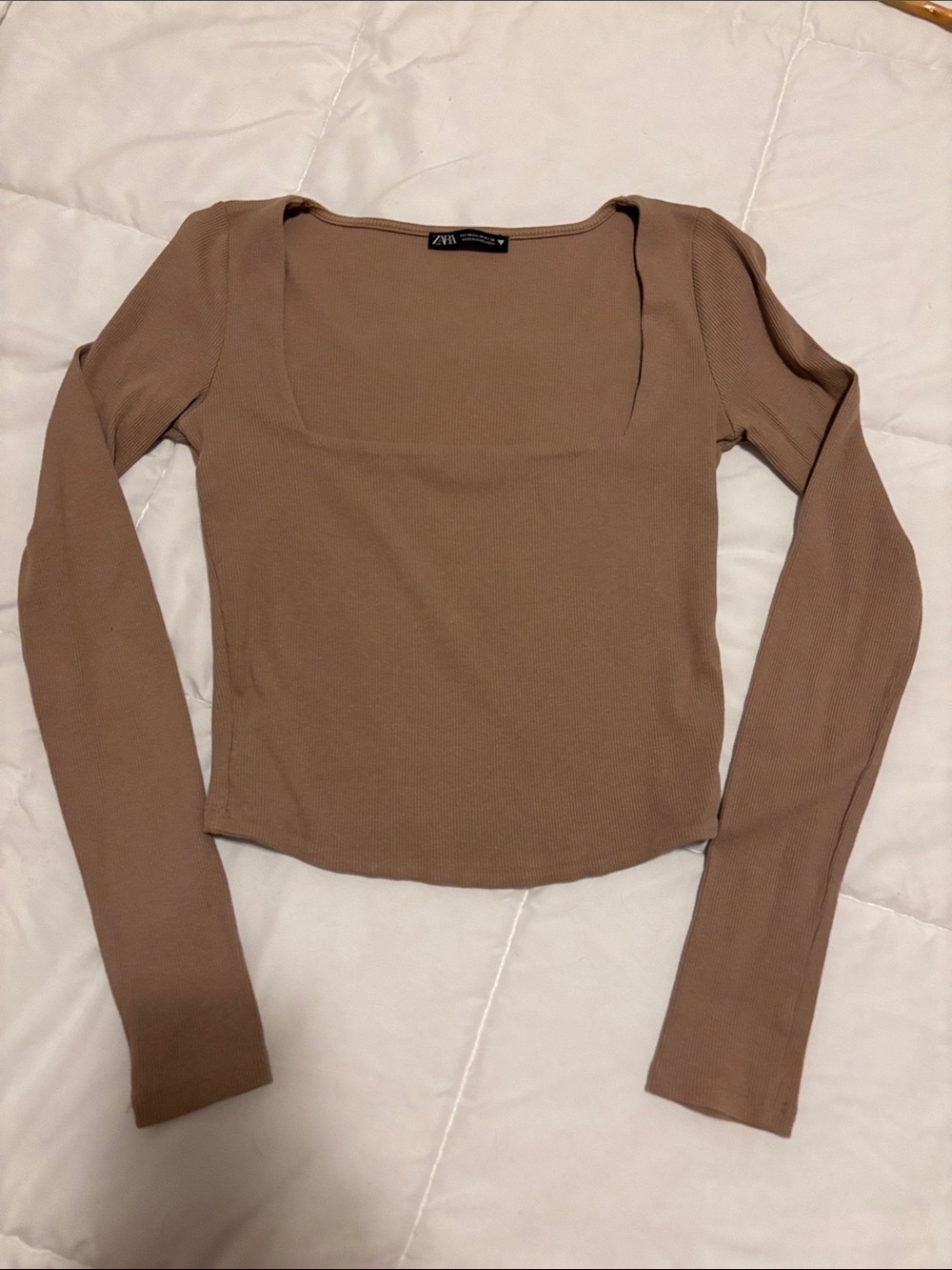 Zara Ribbed Square Neck Long Sleeve Cropped Top - Taupe and Black (2 for $10)